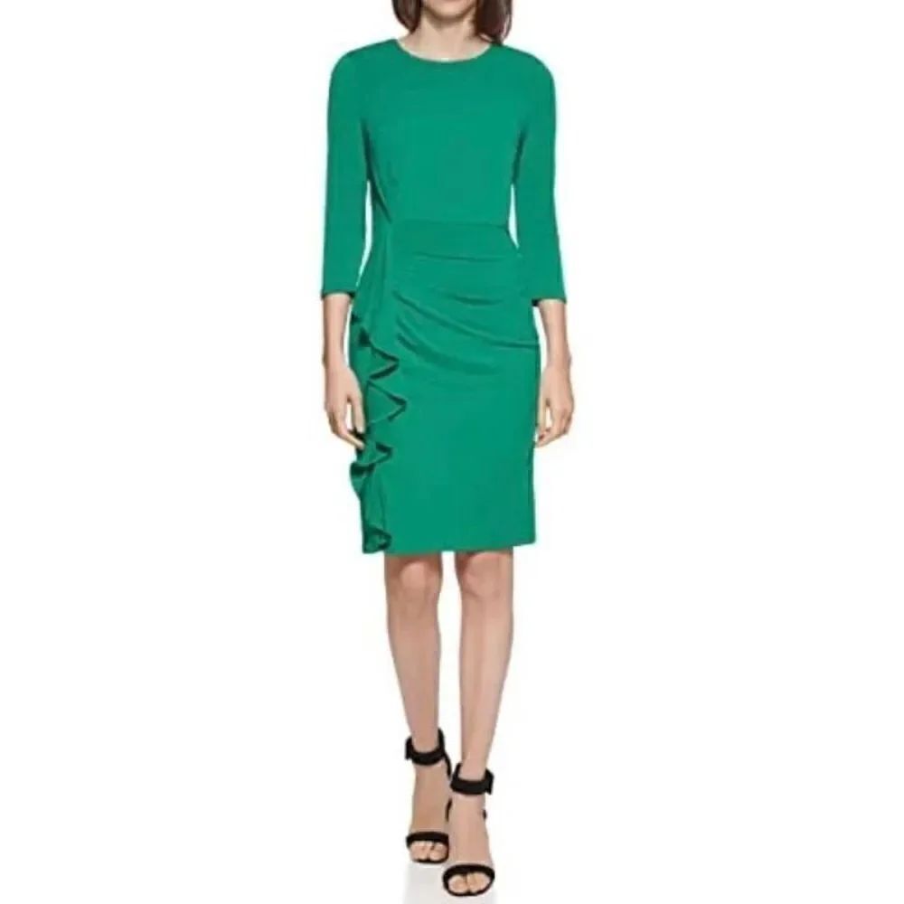 Calvin Klein Green Jersey Knit Ruching Dress Size 8 - Picture 2 of 9